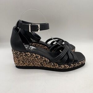 Vince Camuto Jilesa Black Leather Espadrille Wedge Sandals 9W VC-JILESA